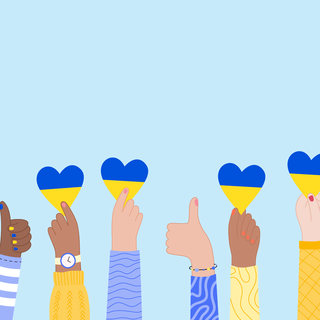 an illustration of hands holding yellow and blue heart or giving a thumbs up